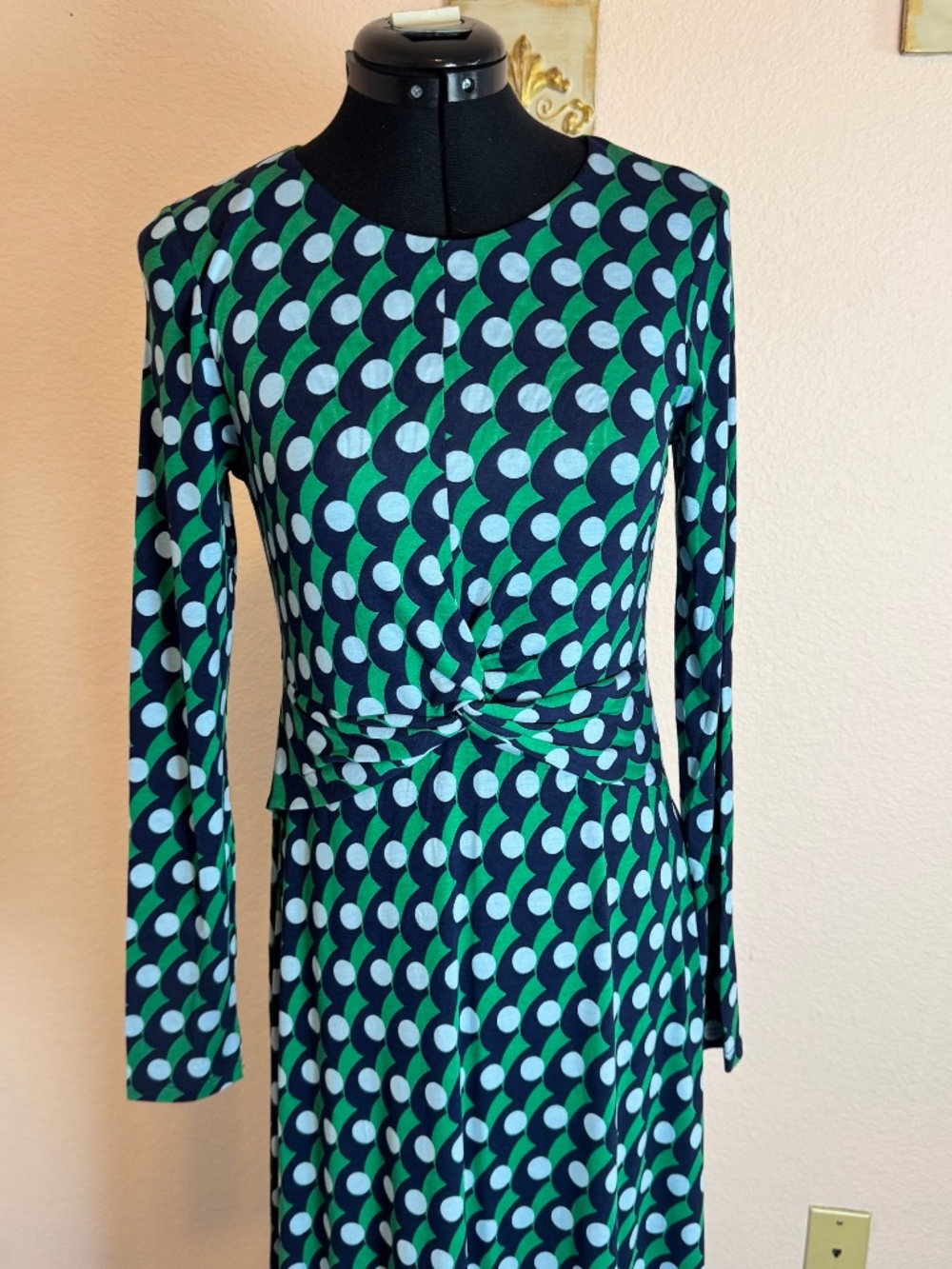 Retro mod Twisted Waist Jersey Teal Green Geometric Print Boden Midi Dress Sz 4 - Picture 4 of 9